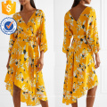 Asymmetrische Hem V-Ausschnitt Langarm Blumendruck Wrap Sommerkleid Herstellung Großhandel Mode Frauen Bekleidung (TA0330D)